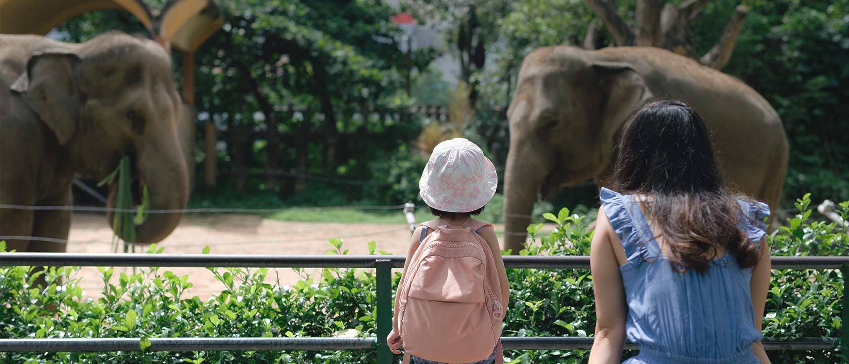 Mutter sitzt mit Kind vor Elefantengehege 